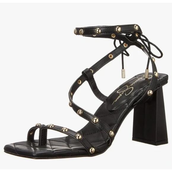 Jessica Simpson Zayve Heels 6 Black NWOT Sandals Gold Stud Square Toe Concert - Picture 1 of 10